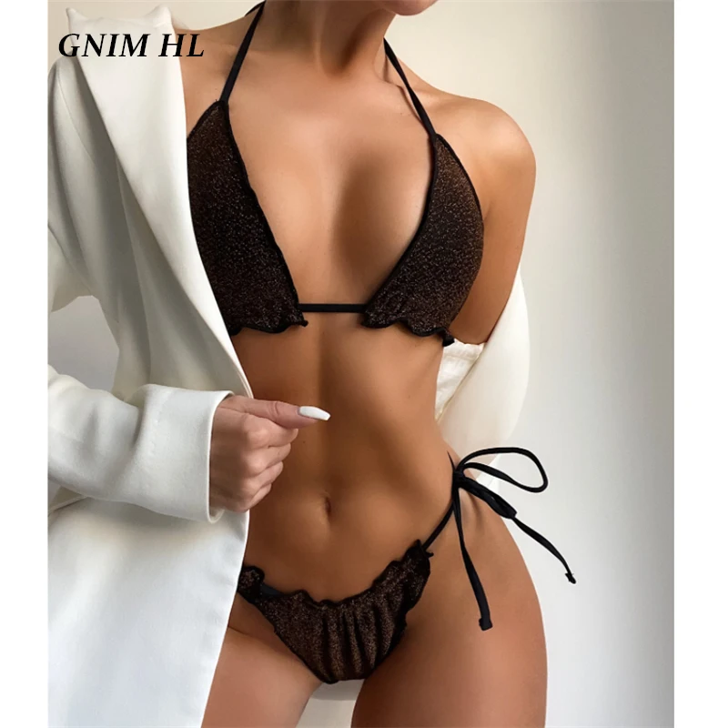 

GNIM Sexy Shiny Bikini Set 2021 Ruffle Swimwear Women 2 Pieces Solid Fold Bandage Swimsuit Female Backless Bathing Suit Biquini