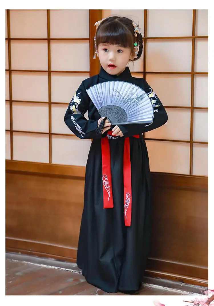 Hanfu/Древний китайский традиционный костюм для девочек; сценический костюм для танцев; комплект из рубашки и юбки; костюм феи в народном стиле; костюм-танга для детей - Цвет: Black Hanfu Sets