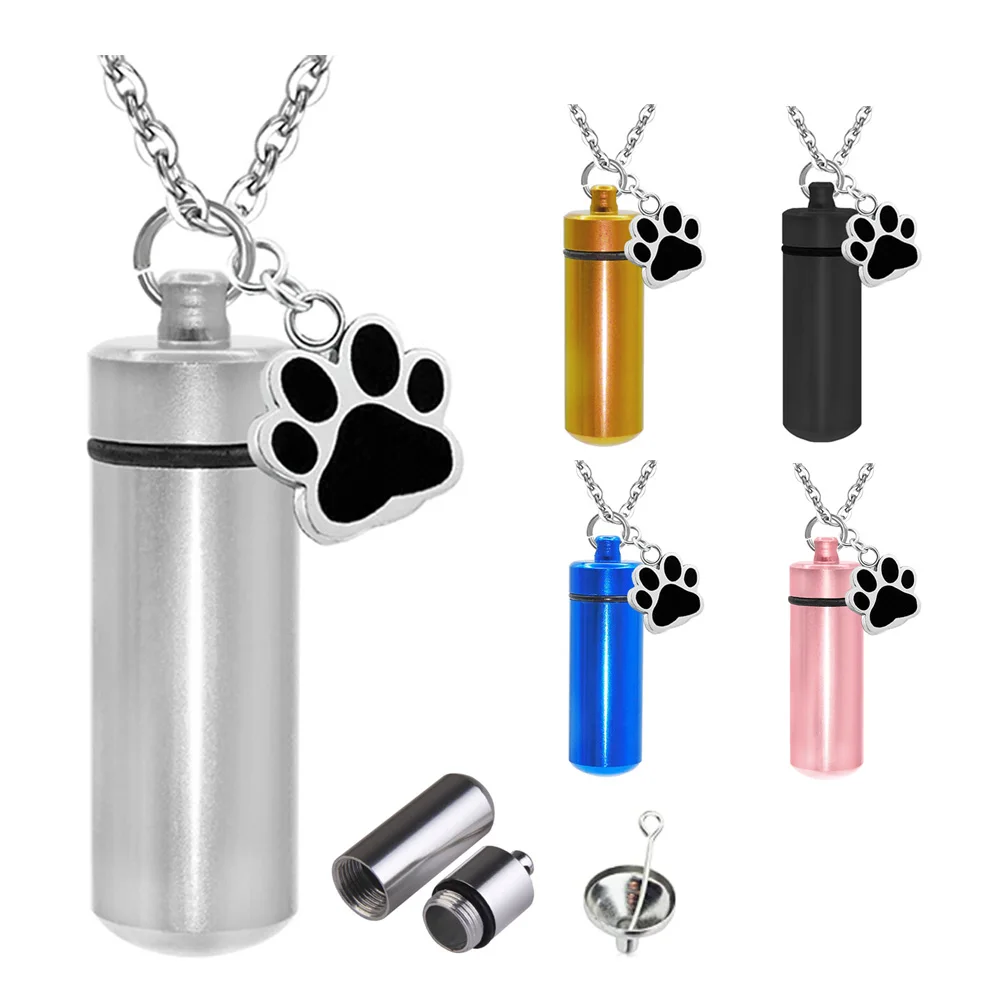 Colgante de cilindro de acero inoxidable con urna de ceniza para hombre y mujer, joyería de cremación de pata de Mascota, regalo