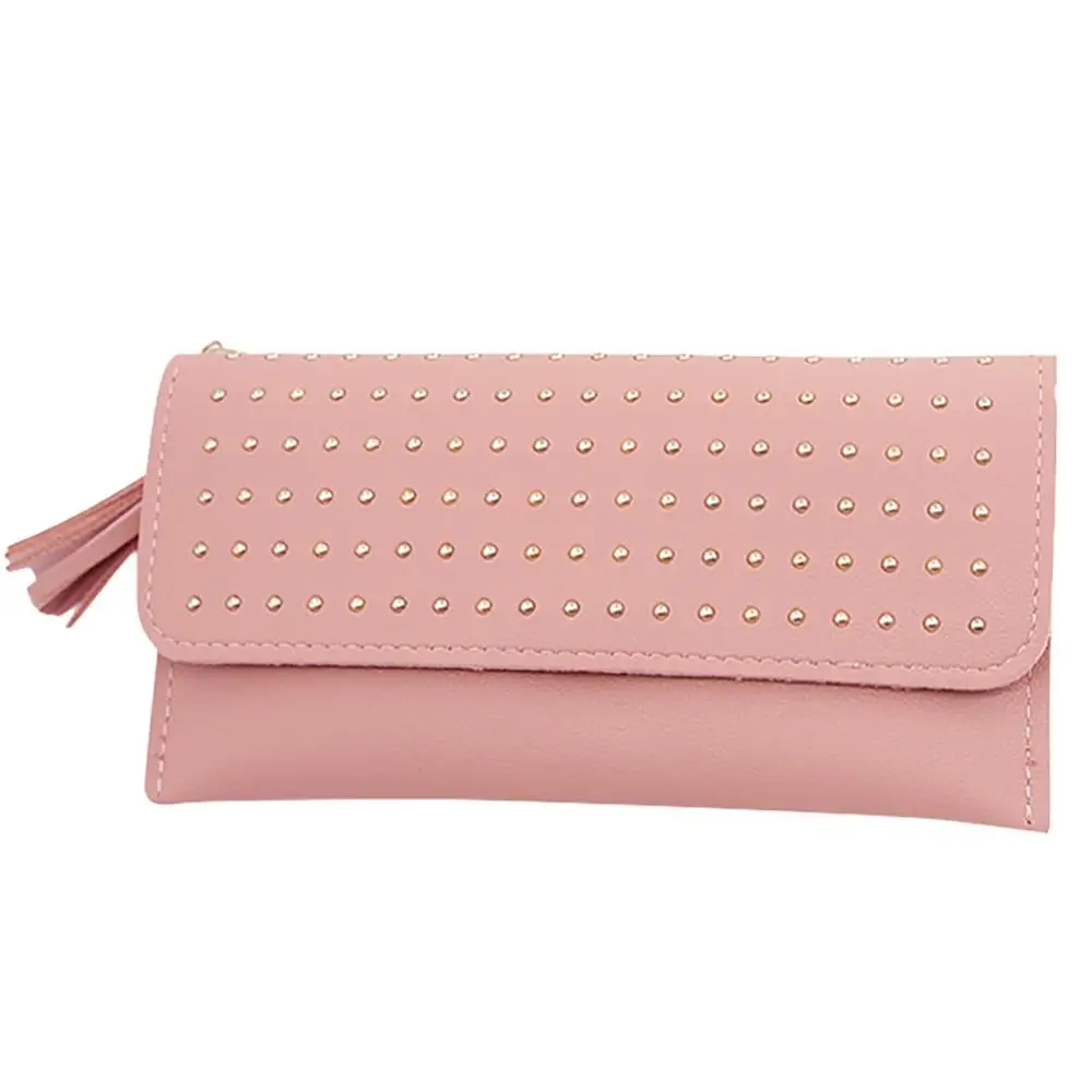 Женская длинная вечерняя сумочка, кошелек, Ретро стиль, с заклепками, кошелек, сумка для телефона, кожаный кошелек, новинка, кошелек для ежедневного использования, кошелек, женский кошелек - Цвет: Pink