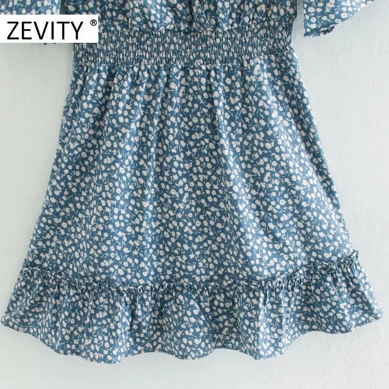 ZEVITY New women sweet v neck floral print elastic waist mini dress female short sleeve agaric lace vestidos chic dresses DS4431