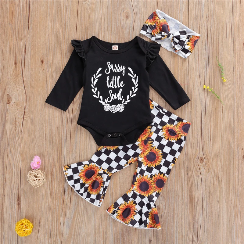

Baby Girls Clothes Set, Long Sleeve Letters Tops with Ruffle + Sunflower Print Flare Pants + Headband for Spring, Fall clothes