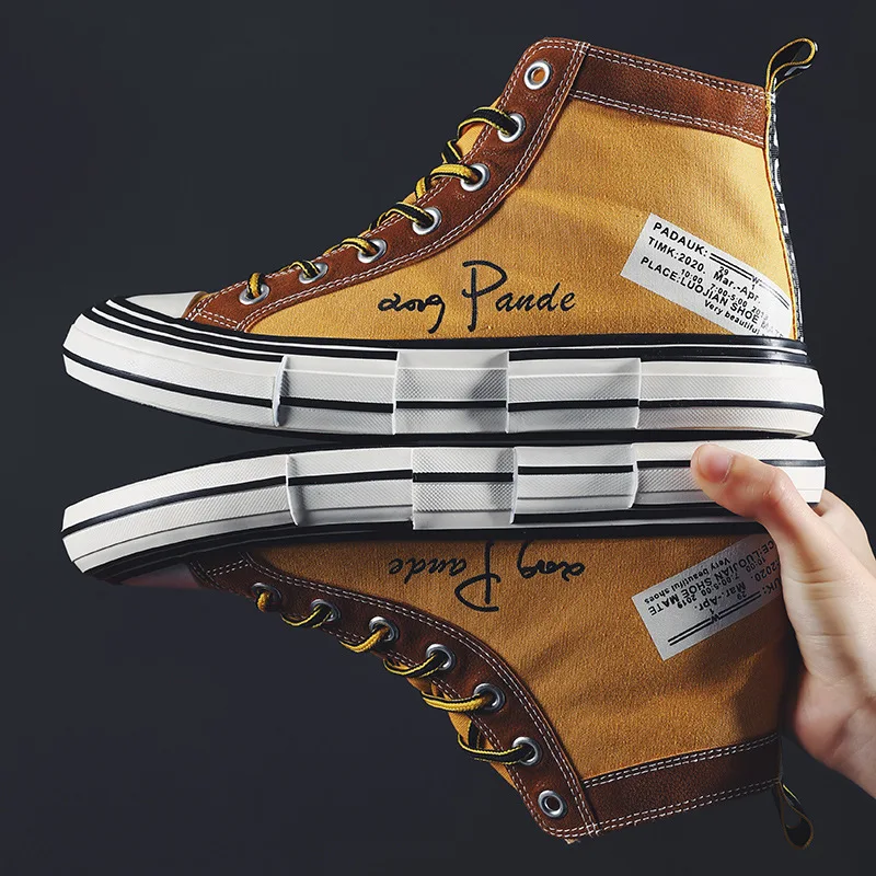 Men High Top Canvas Shoes Men Casual Shoes Lace-up Sneakers Stylish Black Designer Man Shoes Nonslip Male Platform Male Footwear