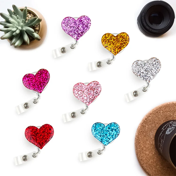 

Heart Resin Pull Name id Card Badge Reel Holder for Nurse Student Silica Retractable Badge Holder Exhibition Chest Office Card