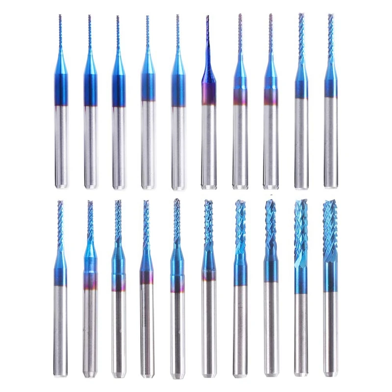 

20Piece Nano Blue Coat End Mill Engraving Bits CNC Rotary Burrs Set Tool PCB Mould Plastic Fiber Carbon Fiber Hardwood, 1/8Inch