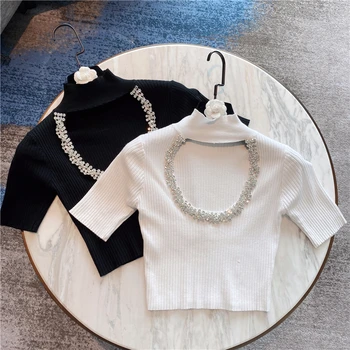 

Elegant diamonds sexy knitted short t shirt women 2020 summer new arrival hollow out crop top slim tee shirt femme