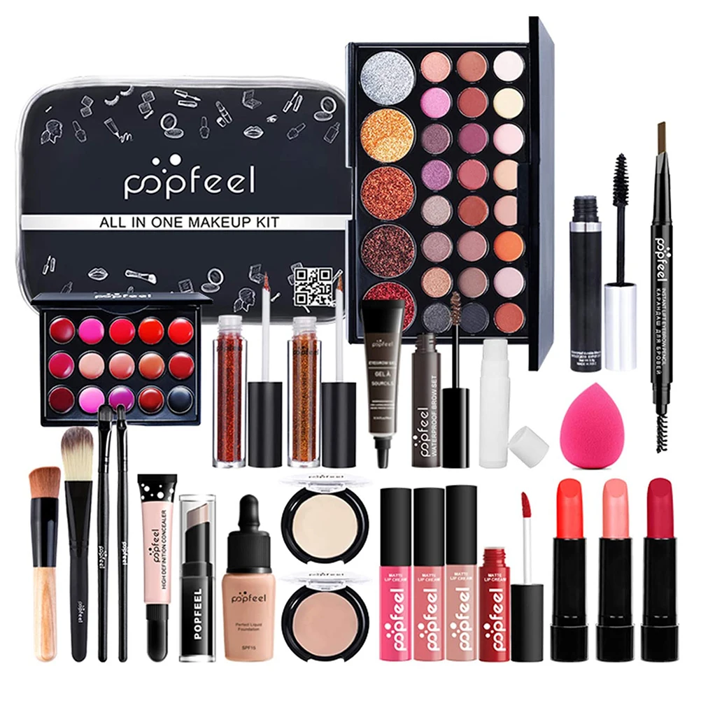 27Pcs Makeup Set Matte Lipstick Professional Eyeshadow Palette Mascara Gift With Cosmetic Bag Travel Portable Long Lasting | Красота и