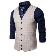 

Four Seasons New Men's Plaid Vest Business Gentleman Casual Jacket Vest Solid Color Button Door Pocket Trim Four Colors S-3XL
