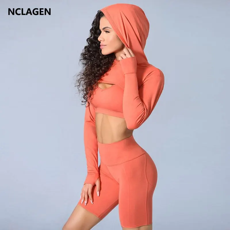 

Yoga Set Women 3 PCS Fitness Suit Long Sleeve Crop Top Push-up Bra Padded Shorts Naked-feel Fabric Workout Hooded Gym Sportwear