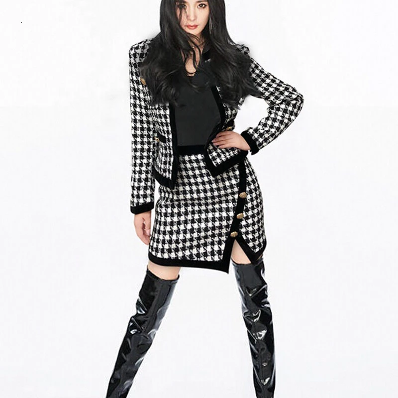 

Cosmicchic Women Autumn Winter Tweed 2 Piece Set Long Sleeve Gold Lion Button Wool Jacket Step Mini Skirt Runway Houndstooth Set