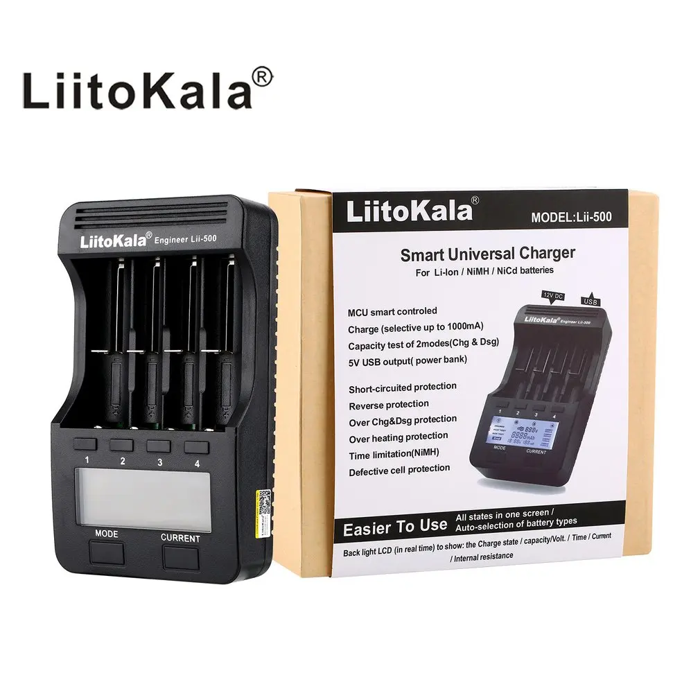 Liitokala Lii-500 18650 зарядное устройство с ЖК-дисплеем 26650 21700 14500 10440 4 слота NiMH Li-Ion умное зарядное устройство с адаптером