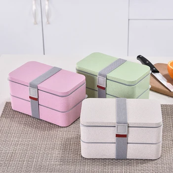

1200ml Wheat Straw Double Layers Lunch Box With Spoon Healthy Material Bento Boxes Microwave Food Storage Container Lunchbox