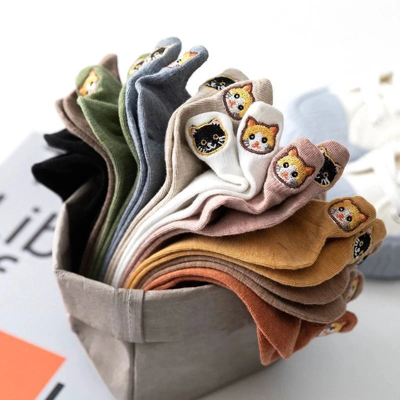 10 Pairs Cute Cat Socks Woman Pack Pure Cotton Animal Embroidery Ankle Cartoon Funny Kawaii Soft Girl Designer Sokken Set Mujer