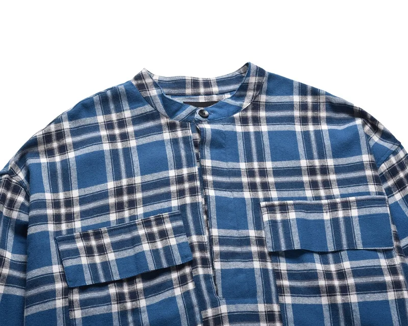 Europe and the United States trend high street round hem high street OS loose lattice Henry collar long sleeve plaid shirt