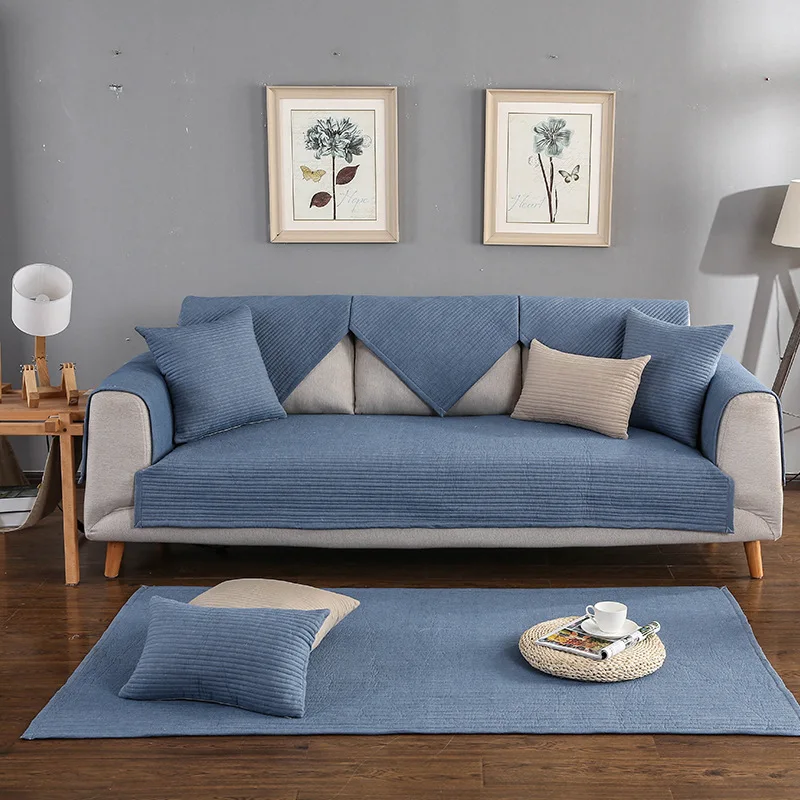 

Northern European-Style Single Color Stripes Sofa Pad Anti-slip Four Seasons Universal Minimalist Modern Summer Fabric Sofa Cush