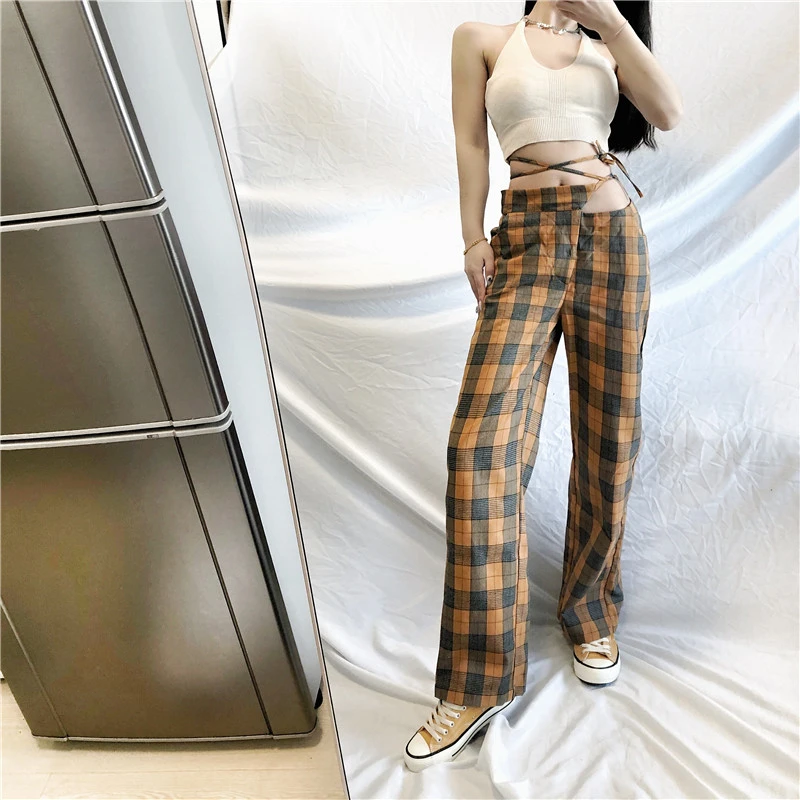 

2020 Summer Plaid Pants Female Retro Hong Kong Flavor Wide Leg Pants Women Harajuku Style Loose Straight Pants Trousers Tide