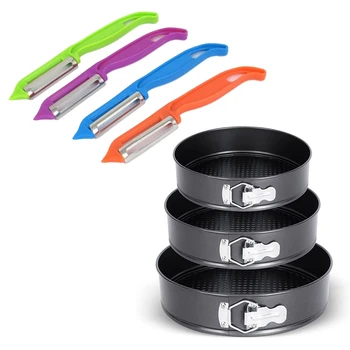 

7 Pcs Kitchen Tool: 4 Pcs Plastic Handle Fruit Vegetable Peeler & 3 Pcs Non-Stick Cake Pan Cheesecake Baking Cake Mold
