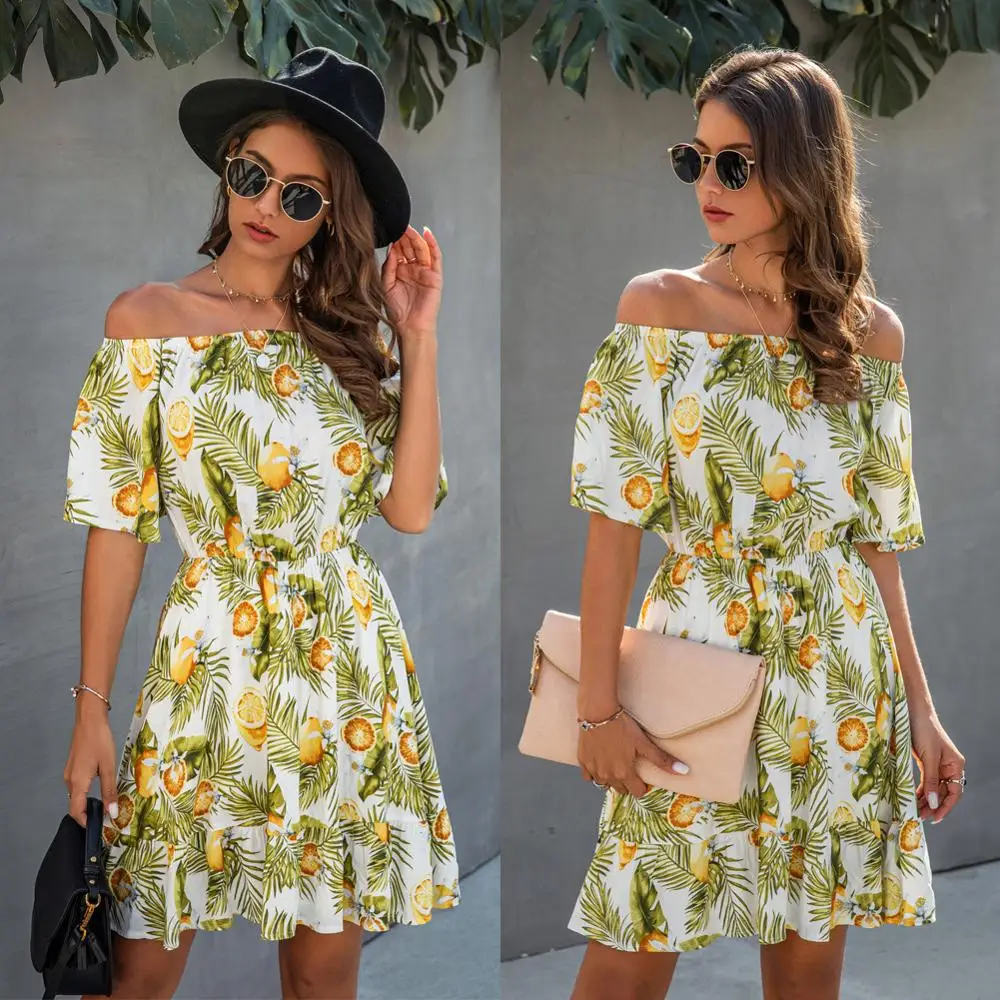

Summer Sexy Slash Neck Off Shoulder Backless Ruffles Dress Women Beach Style Half Sleeve Lemon Leaf Print Knee Length Dress 2020