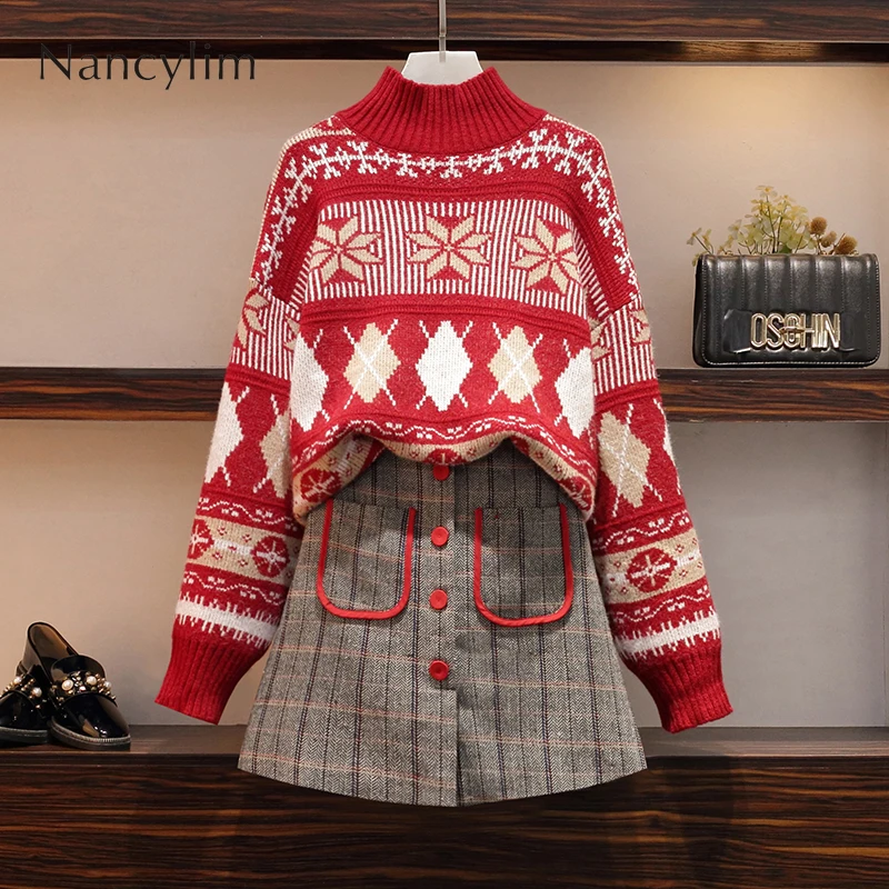 

2019 Autumn New Knitted Sweater + Short Skirt Suit Plus Size Women's Two-piece Suit Oversize Jumper + Wool Skirt Sets Ladies