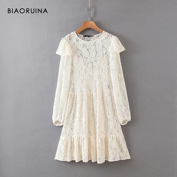 

BIAORUINA Women's Beige Hollow Out Lace Embroidery A-line Dress Long Sleeve Ruffles Round Neck Elegant Dress with Lining