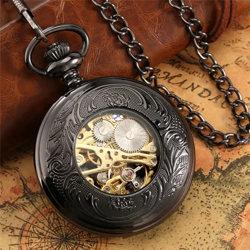 Black Hollow Out Mechanical Hand Winding Pocket Watch for Men Women Steampunk Half Hunter Clock FOB Pendant Chain Watches Gift