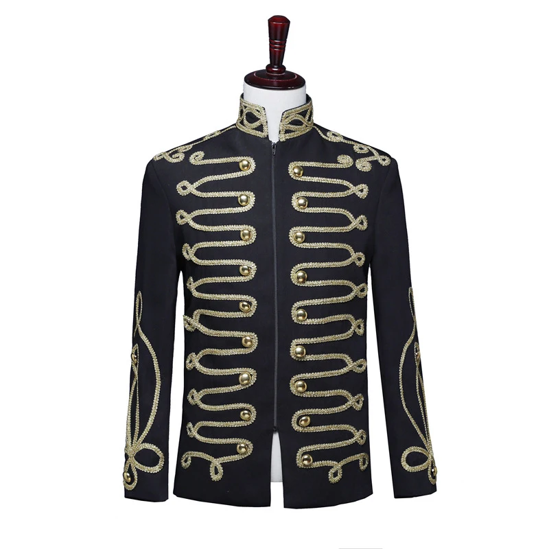 Mens Steampunk Blazer Jacket Stand Collar Tassel Hussar Marching Band  Military Drummer Parade Blazers Costume Homme HB-004 Black Gold XL :  : Fashion