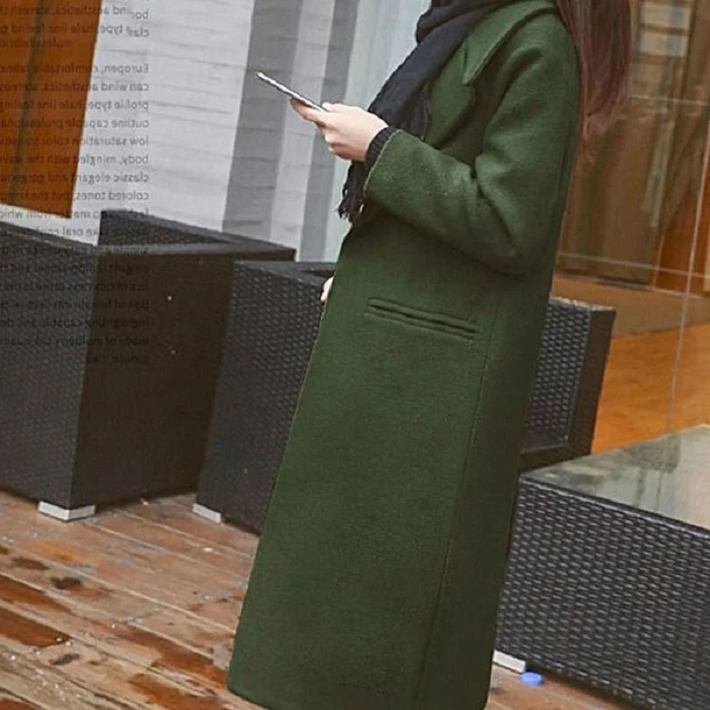 Осень-зима, женское длинное шерстяное пальто,, отложной воротник, длинный рукав, повседневное приталенное пальто, женские куртки с карманами, парка, верхняя одежда