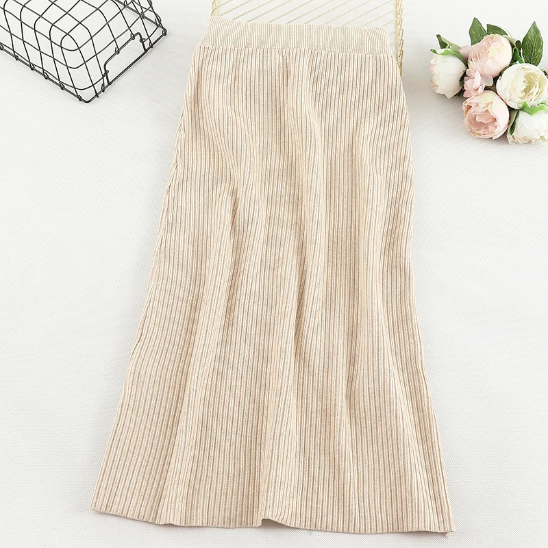 SINGRAIN, Женская Толстая длинная юбка-карандаш, эластичная облегающая юбка-свитер, элегантная вязаная юбка с высокой талией, зимняя однотонная трикотажная юбка