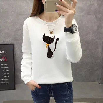 

Fashion Sweatshirt Women Cartoon Cat Round Neck Long Sleeve Plus Velvet Sweatsh Female 2019 Autumn And Winter Women's Loose Tops