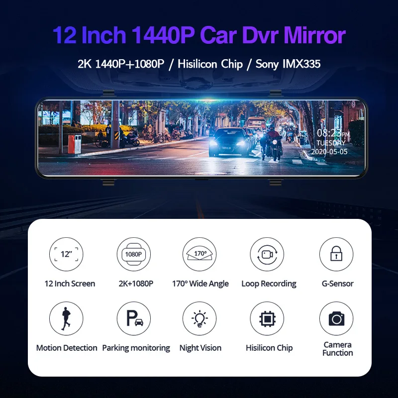 E ACE A46 12 дюймов сенсорный Автомобильный видеорегистратор зеркало 1440P Dashcam