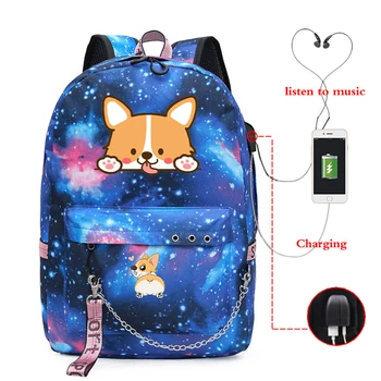

Corgi Dog Print USB Backpack School Book Bags Kawaii Animal Corgi Dog Travel Bags Laptop Chain Backpack with Headphone USB Port