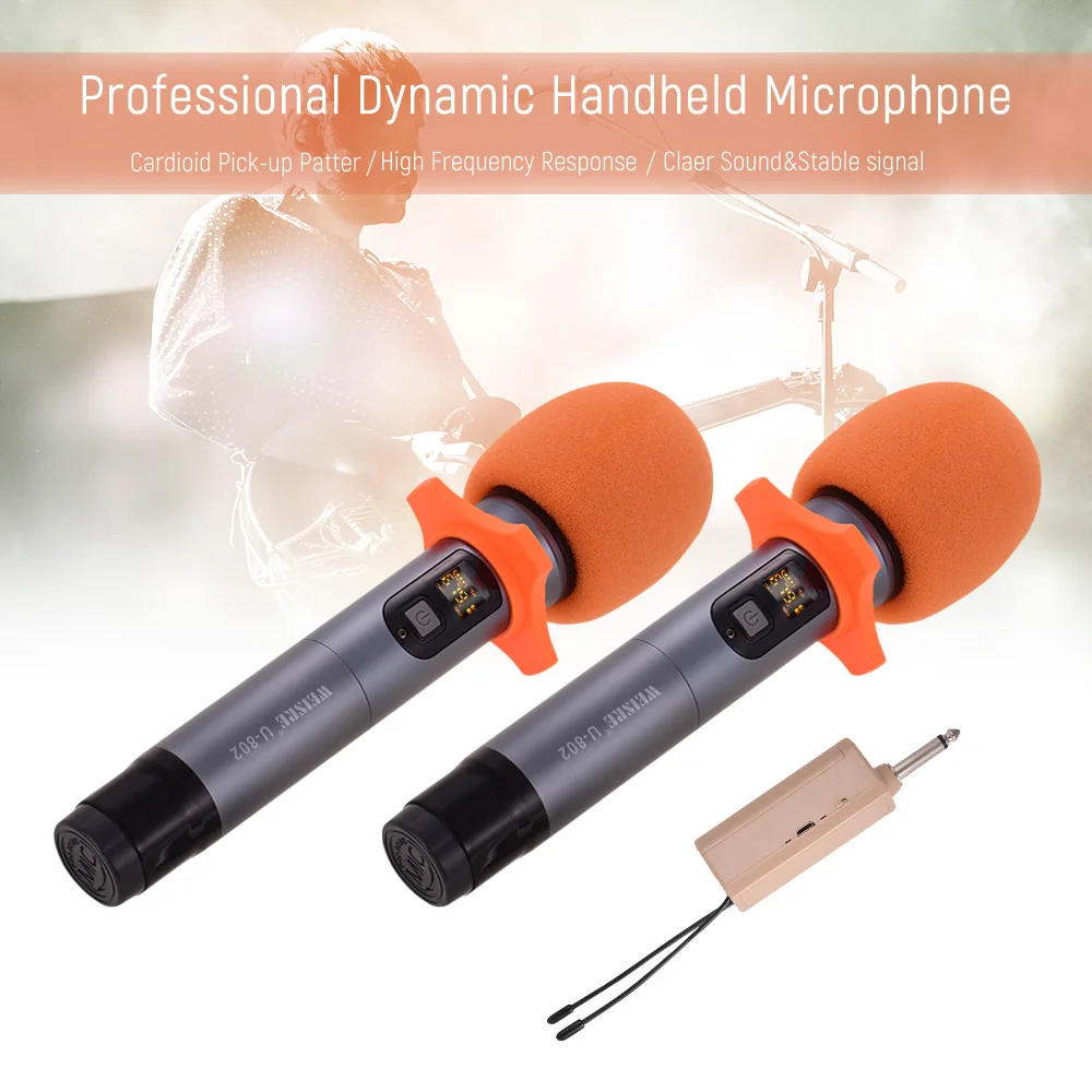

UHF Wireless Microphone System Dual Dynamic Handheld Mic + One Mini Receiver 50 Channels for Karaoke Business Meeting Home