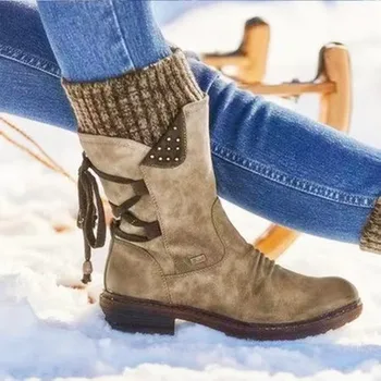 

2020 Warm Suede Boots Women Autumn Winter Lace Up Ladies Shoes Women Snow Boots Outdoor Knitting Patchwork Female Botas De Mujer