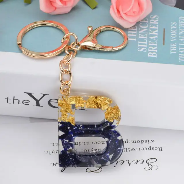 New Gold Foil Black Stone Epoxy Resin Letter Initial Keychain for