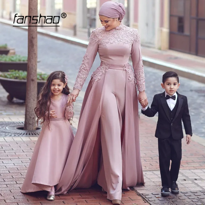 

Dark Pink Muslim Evening Dresses Long Sleeves Jumpsuit Detachable Scarf Islamic Dubai Saudi Arabic Evening Gown Prom Dress
