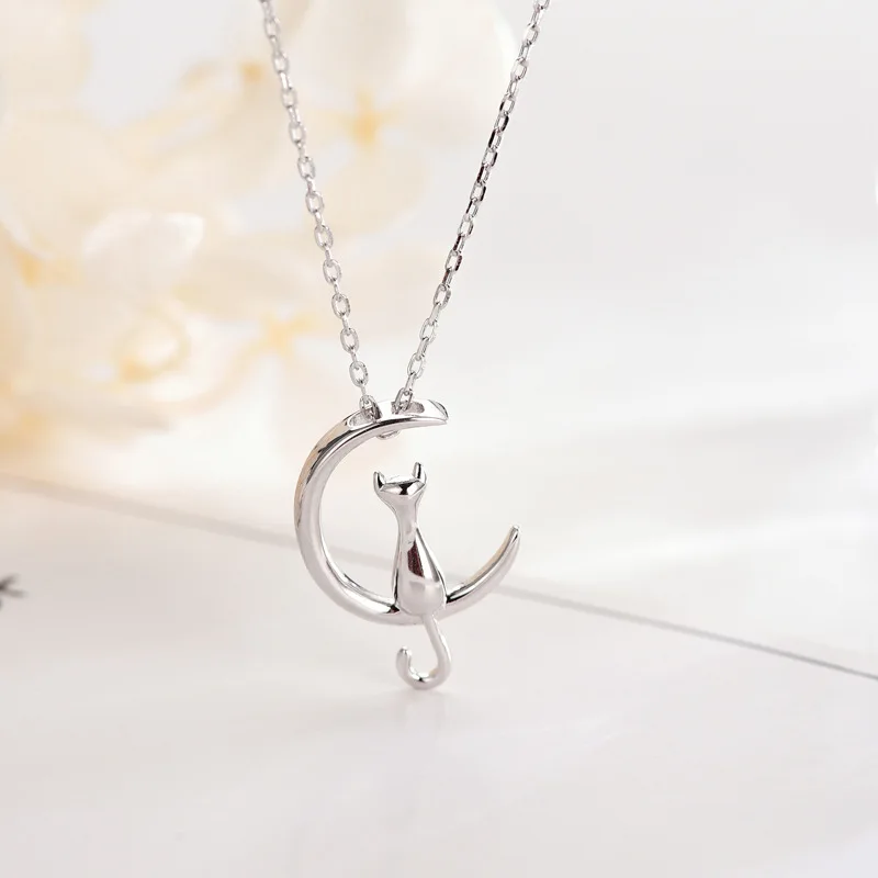 

S925 Fine Silver Sterling Silver Moon with a Cat Necklace New Style Korean-style Cute Women's Simple Short Choker