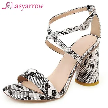 

Lasyarrow 2020 Sequins PU Leather Snakeskin Ladies Pumps Open-toed Fashion Sandals Square High Heel Buckle Women Shoes Size 48