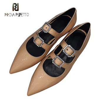 

Prova Perfetto Spring New Solid Color Real Leather Mary Jane Shoes Women Pointed Toe Low Heel Shoes Crystal Buckle Boat Shoes