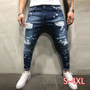 

Men's Painted Skinny Slim Fit Straight Ripped Distressed Pleated Knee Patch Denim Pants Stretch Jeans 2020