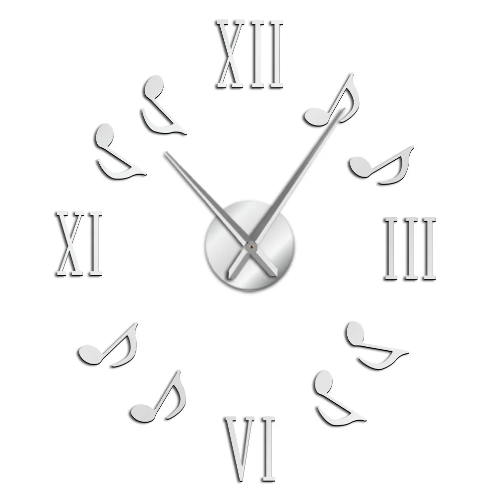 Римские цифры с музыкальными нотами гигантская декорация настенные часы большие настенные часы Современные часы с большой иглой часы DIY подарок для любителей - Цвет: Silver