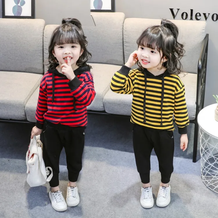 

2020 Spring New Style Girls Striped Suit Small Girls Hoodie Two-Piece Set Baby Girls Korean-style Set