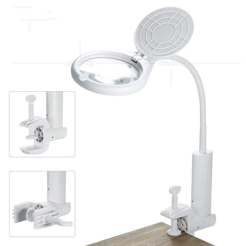 

108mm Large Mirror Charging Eight Led Maintenance and Testing Table Lamp Type 6x Magnifying Glass Base/Clip Interchange