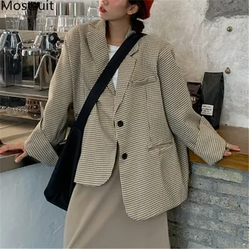 

2020 Autumn Korean Plaid Oversized Women Blazers Coat Long Sleeve Notched Collar Single-breasted Casual Fashion Loose Blazers