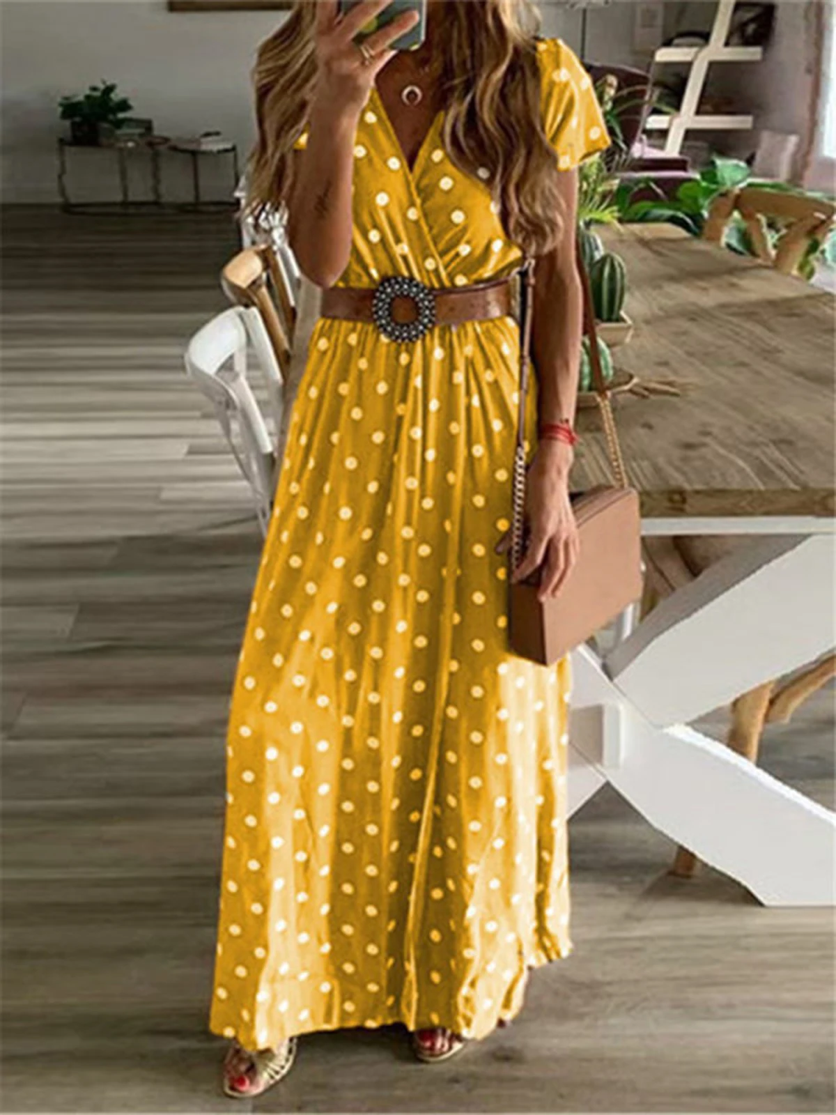 Женское летнее платье с коротким рукавом v-образным вырезом в горошек Boho длинное