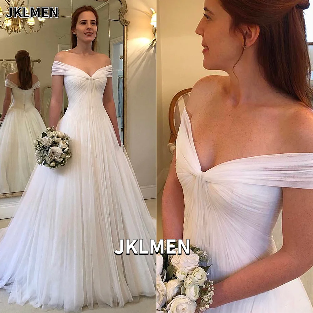 

Платье-трапеция из тюля, с открытыми плечами, на заказ, большие размеры, свадебное платье со складками, свадебное платье, тюль, 2021