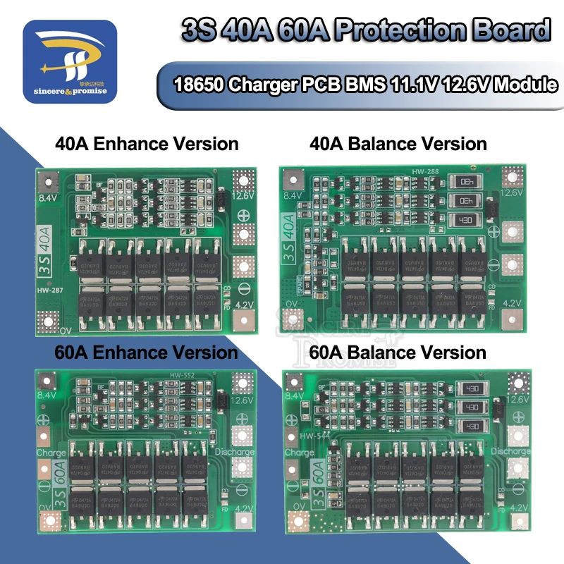 3 S 11.1 V BMS protection board 100 A avec équilibre Li-ion 18650 Lithium Battery Packs