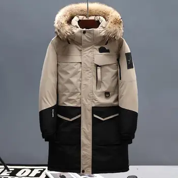 

2019 Winter New Men's Knee Long Down Jacket Fashion Thicken Warm White Duck Down Fur Collar Hooded Parka Coat Male Brand Clothes