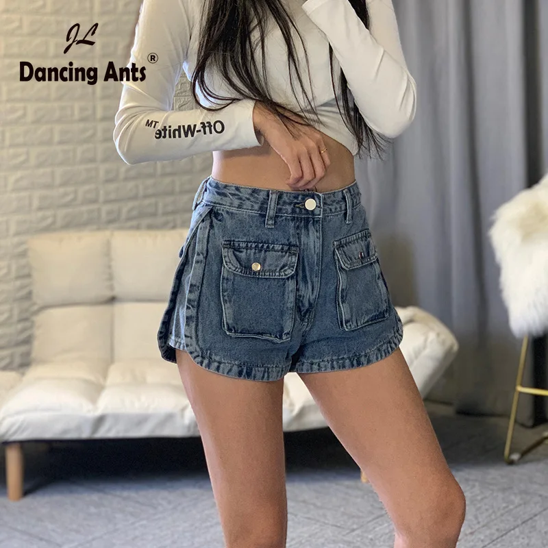 

Women Shorts Wide-leg High Waist A-line Jeans Short Korean Style Vintage Solid Side Slit Pockets Casual Female Denim Shorts 2020