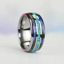 Elegant Rose Gold Tungsten Men's Wedding Ring with Abalone Shell & Blue Opal Inlay - 8 (Silver Color)