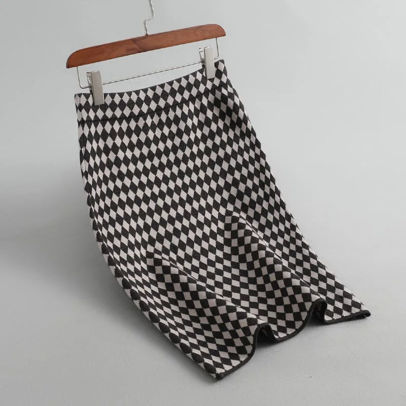 J196 Осень корейский шик цветной блок маленький алмаз геометрический принт тонкая талия карандаш юбка свитер Saias